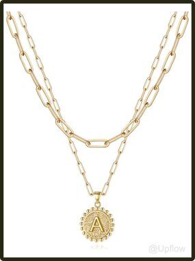 Women's Layered Initial Pendant Necklace 14k Gold Plated Paperclip Chain Gift